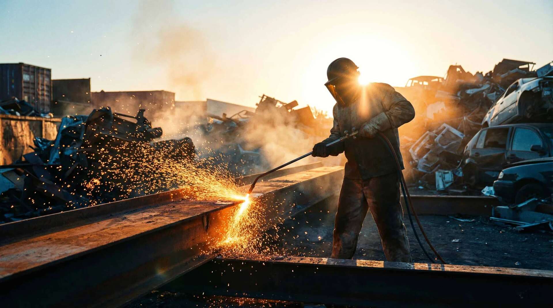 Thermal lance cutting at scrap yard - Thermische lans snijden op schrootwerf